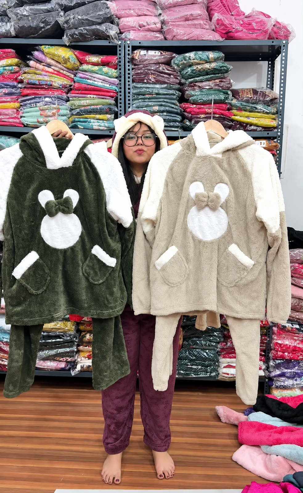 Women Bunny Plush Fleece Winter 2-Piece Set