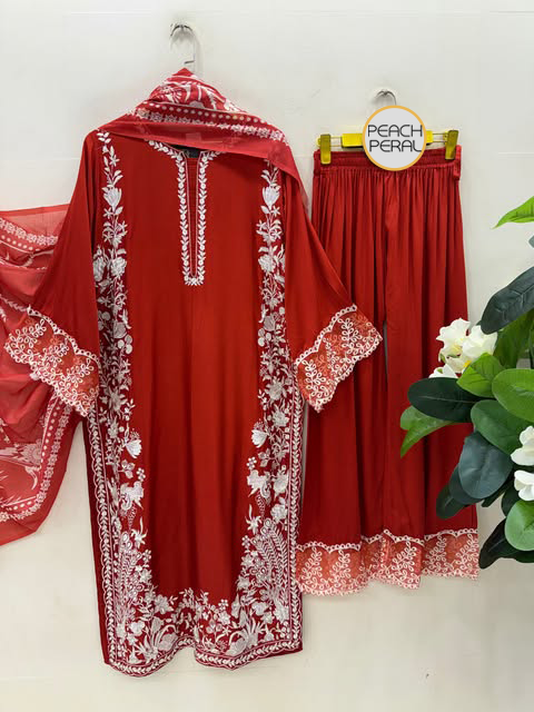 Women premium long Elegant Embroidered 3-Piece Suit